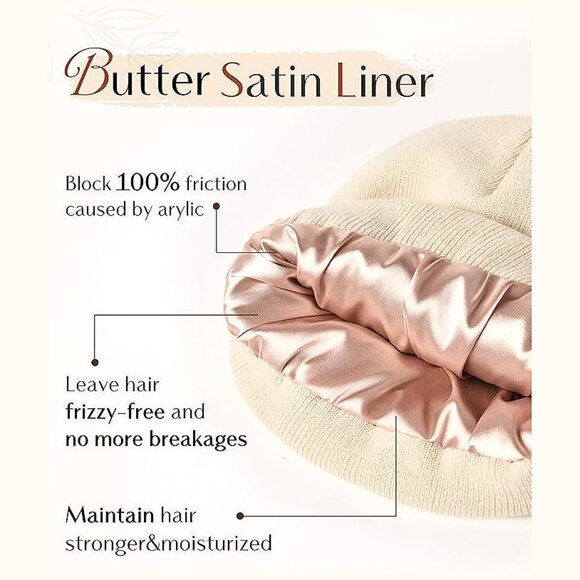 Womens Saitn Lined Knit Beanie Hat Ad-Beige - Picture 2 of 6